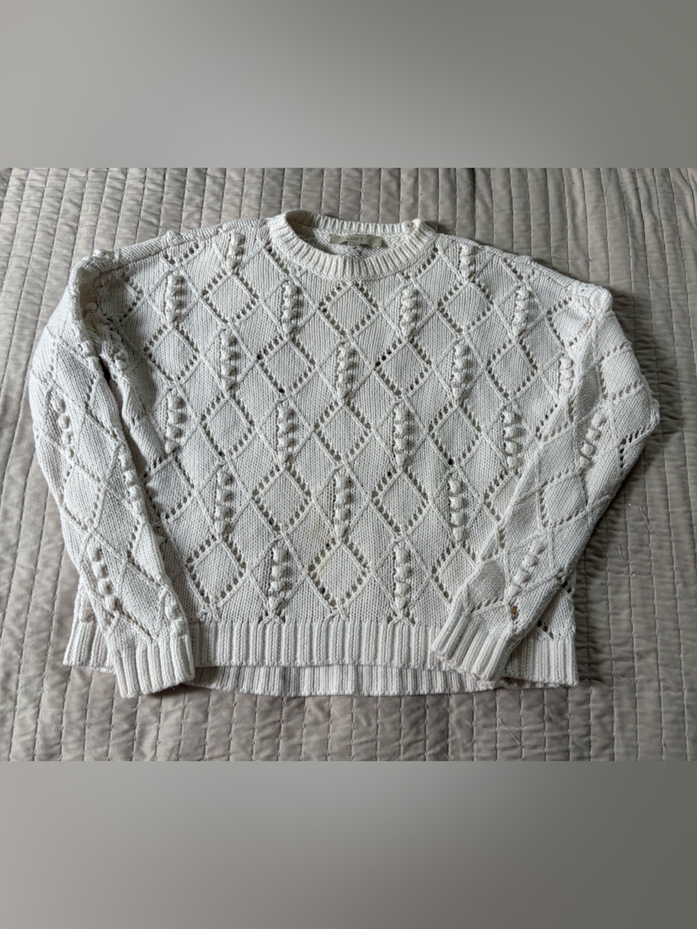 LOFT Cream Bobble Stitch Diamond Cable Crewneck Sweater